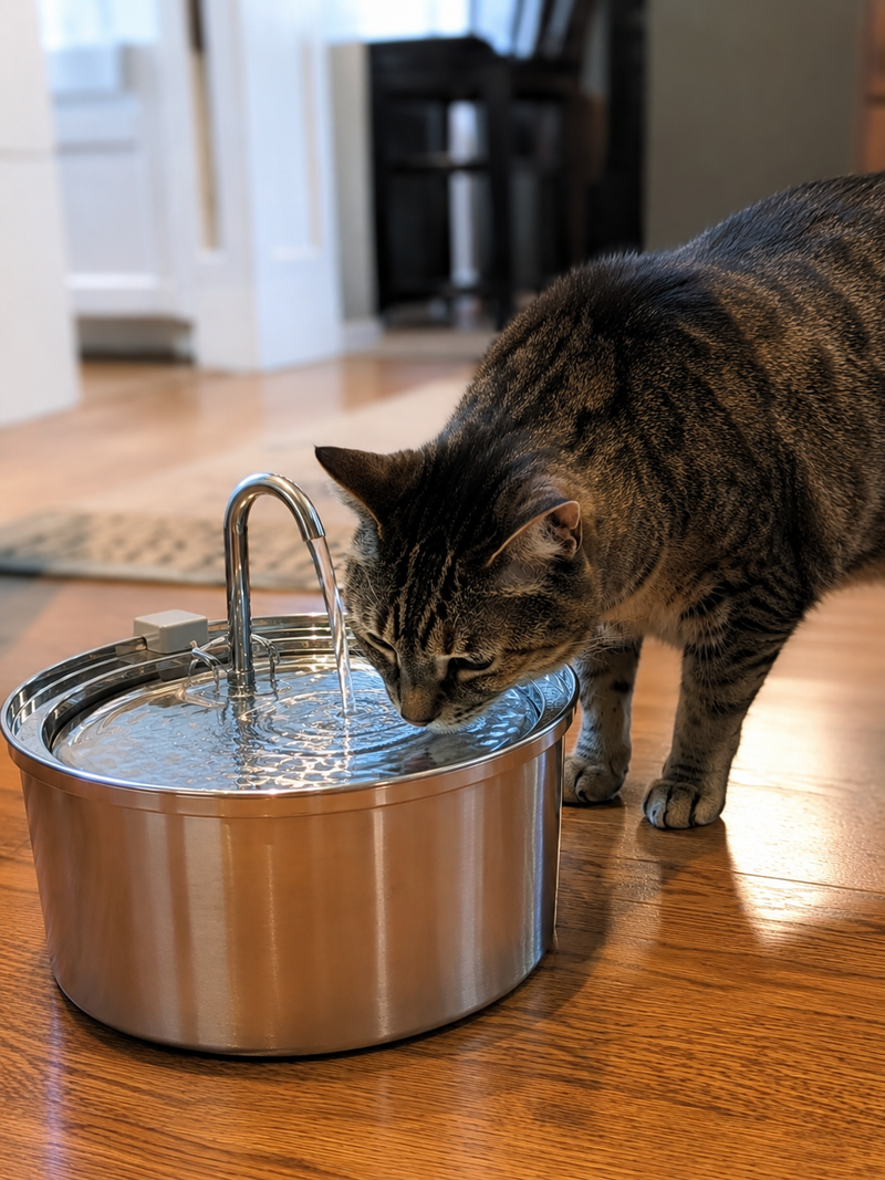 Chat adulte tigré qui boit à une fontaine à eau en acier inoxydable posée sur un parquet en bois dans un intérieur naturel