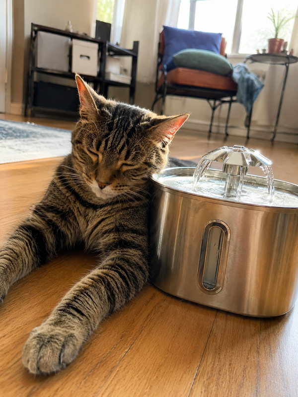 Chat tigré allongé sur un parquet en bois à côté d'une fontaine à eau pour chat en acier inoxydable dans un intérieur naturel