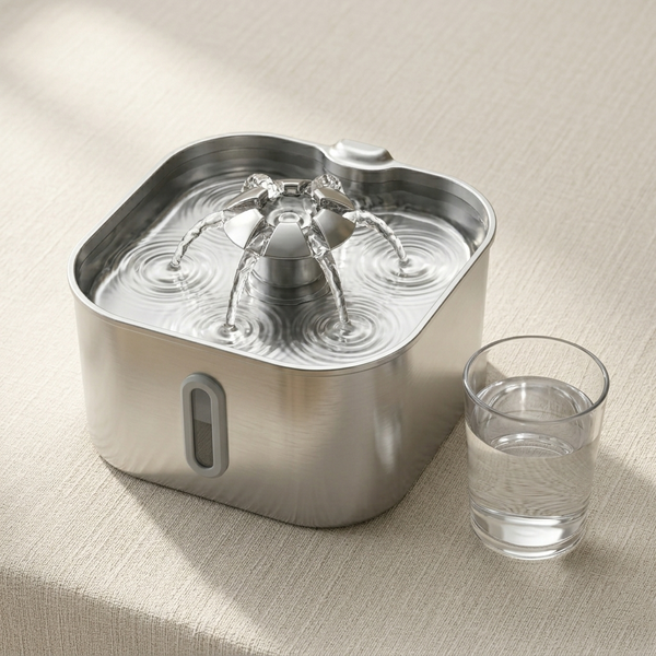 Fontaine à eau pour chat en acier inoxydable avec eau courante, posée à côté d'un verre d'eau claire sur fond crème