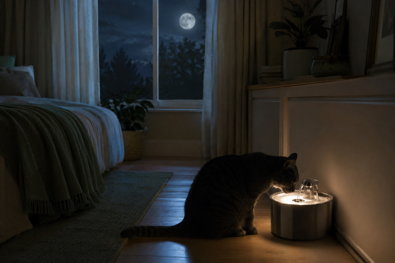 Chat en silhouette buvant à une fontaine à eau en inox la nuit dans une chambre, clair de lune par la fenêtre