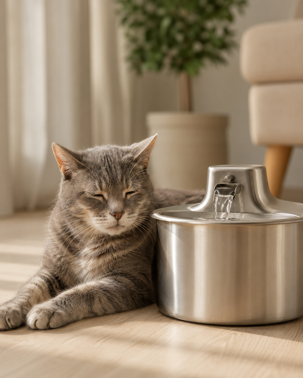 Chat gris senior allongé paisiblement contre une fontaine à eau en inox sur un parquet clair, lumière naturelle douce