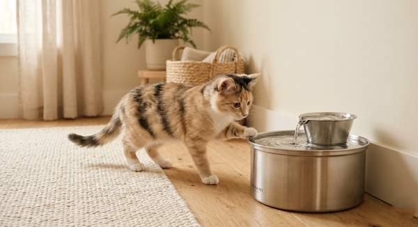 Chat curieux qui s'approche pour la première fois d'une fontaine à eau en acier inoxydable dans un intérieur chaleureux