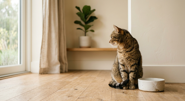 Chat qui ignore son bol d'eau vide dans un intérieur lumineux et épuré