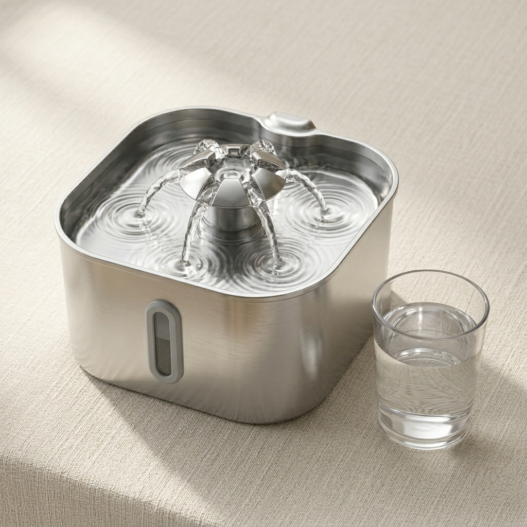 Fontaine à eau pour chat en acier inoxydable avec eau courante, posée à côté d'un verre d'eau claire sur fond crème