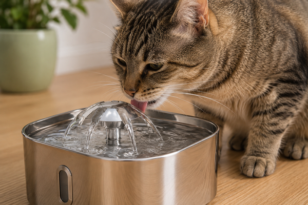 Chat tigré qui boit activement à une fontaine à eau en inox, parquet en bois clair, plante verte en arrière-plan