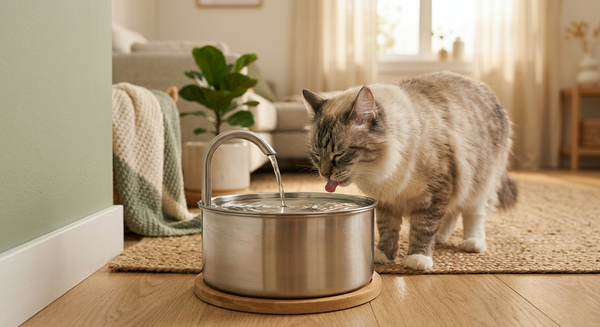Chat qui boit à une fontaine à eau en acier inoxydable dans un intérieur élégant