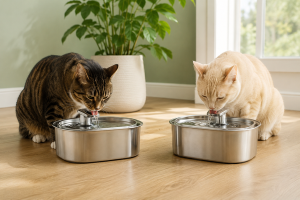 Deux chats, un tigré et un crème, buvant chacun à leur propre fontaine à eau en inox sur un parquet clair, plante verte en arrière-plan