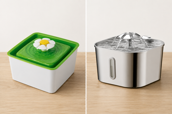 Comparaison fontaine chat plastique verte vs fontaine inox premium sur parquet en bois clair
