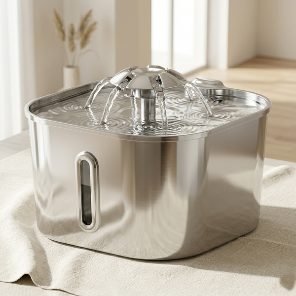 Fontaine à eau pour chat en acier inoxydable propre et brillante avec eau qui coule