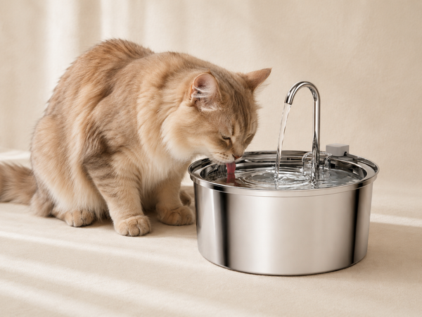 Chat roux qui boit à une fontaine à eau en acier inoxydable sur fond crème