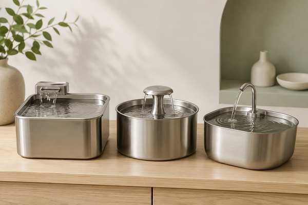 Trois fontaines à eau pour chat en inox côte à côte sur un meuble en bois, ambiance naturelle et épurée