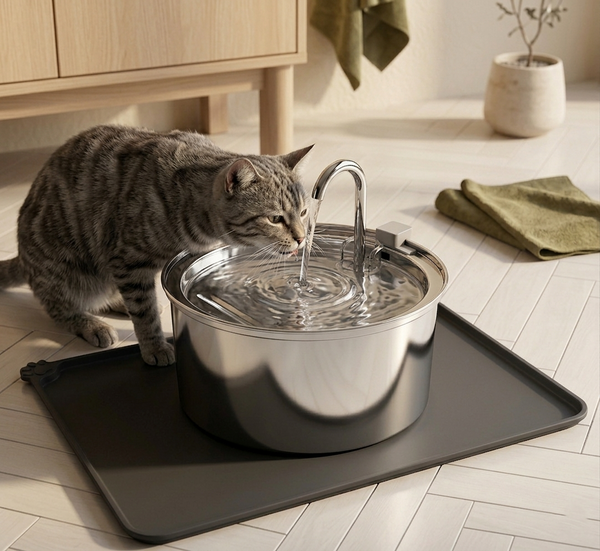 Chat tigré qui boit à une fontaine à eau pour chat bec verseur 3,2L en acier inoxydable sur tapis de protection silicone